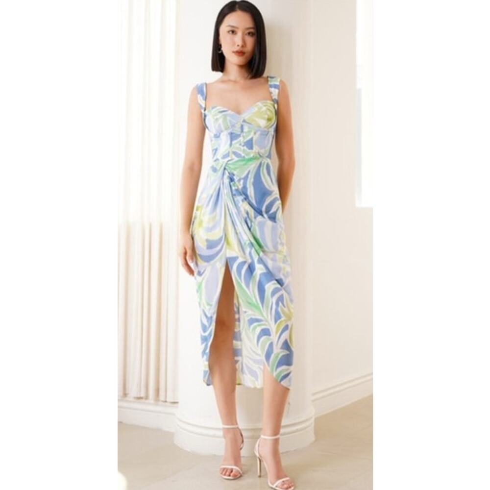 Yumi Kim Emil Dress Printed Sleeveless Tulip Hem Midi Sheath Palm Breeze Blue XL